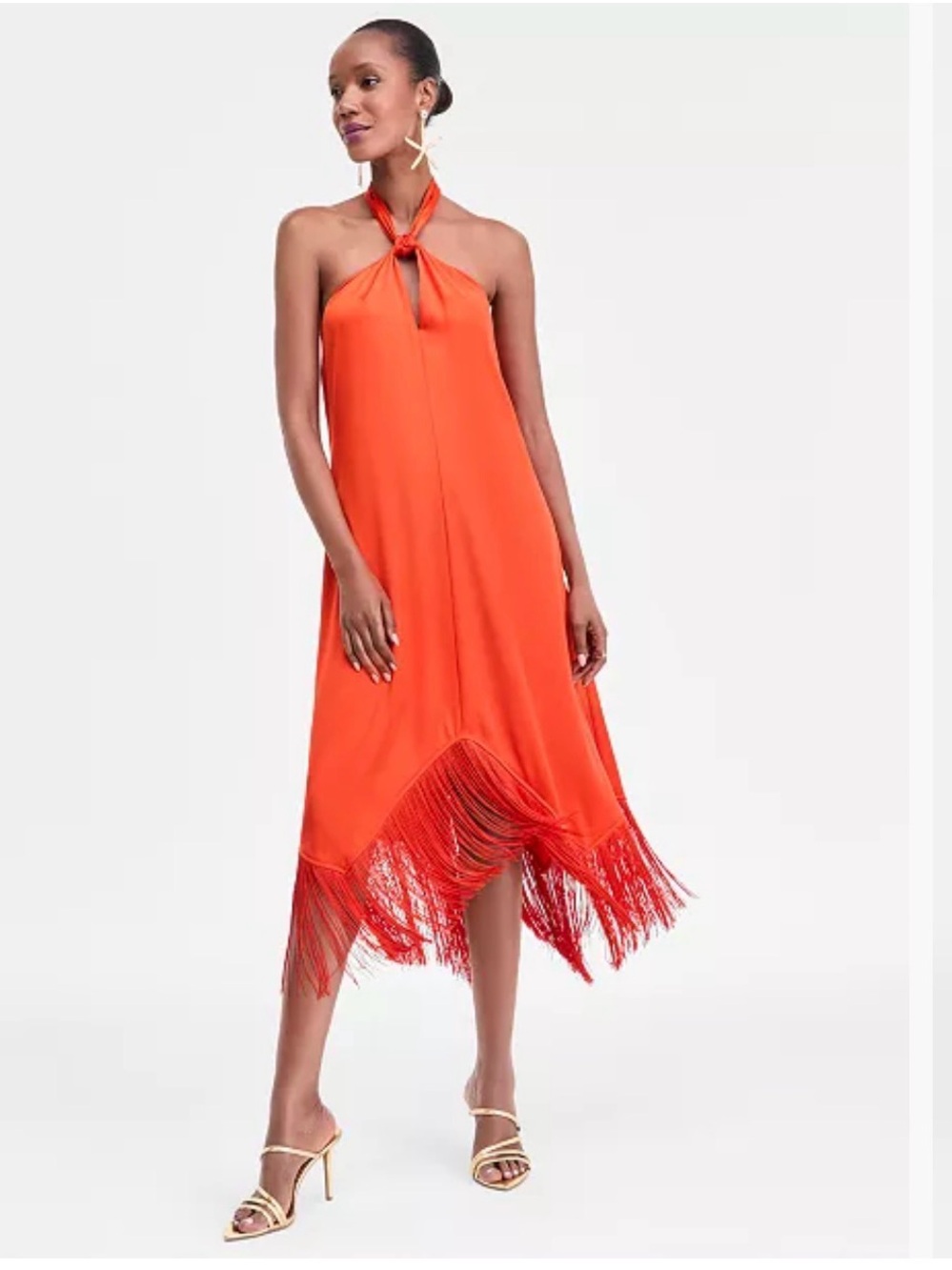 INC international Concepts rocket red halter fringed silky midi dress NWT Medium